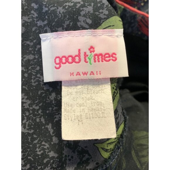 Good Times Aloha Hawaiian Floral Ruffle Medium M Muumuu Black Red Ohia Flower - Picture 8 of 10